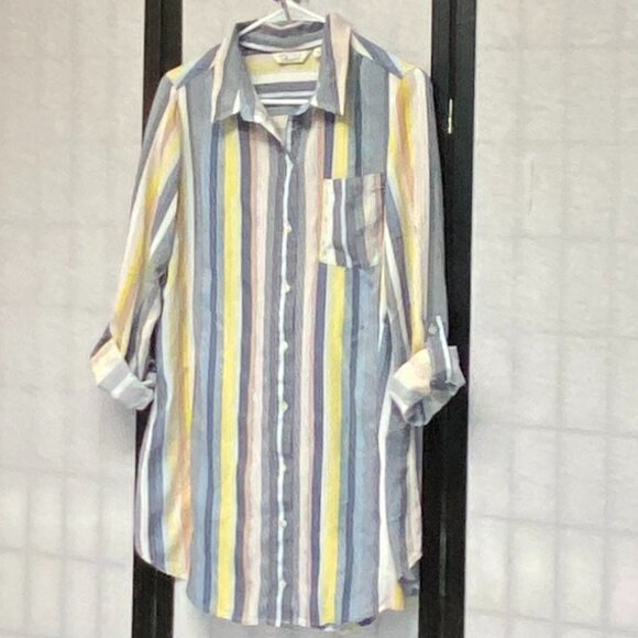 Café Marrakesh Stripe Tunic Shirt M Relaxed Roll Sleeve Button-Up Collared Top - Picture 4 of 12